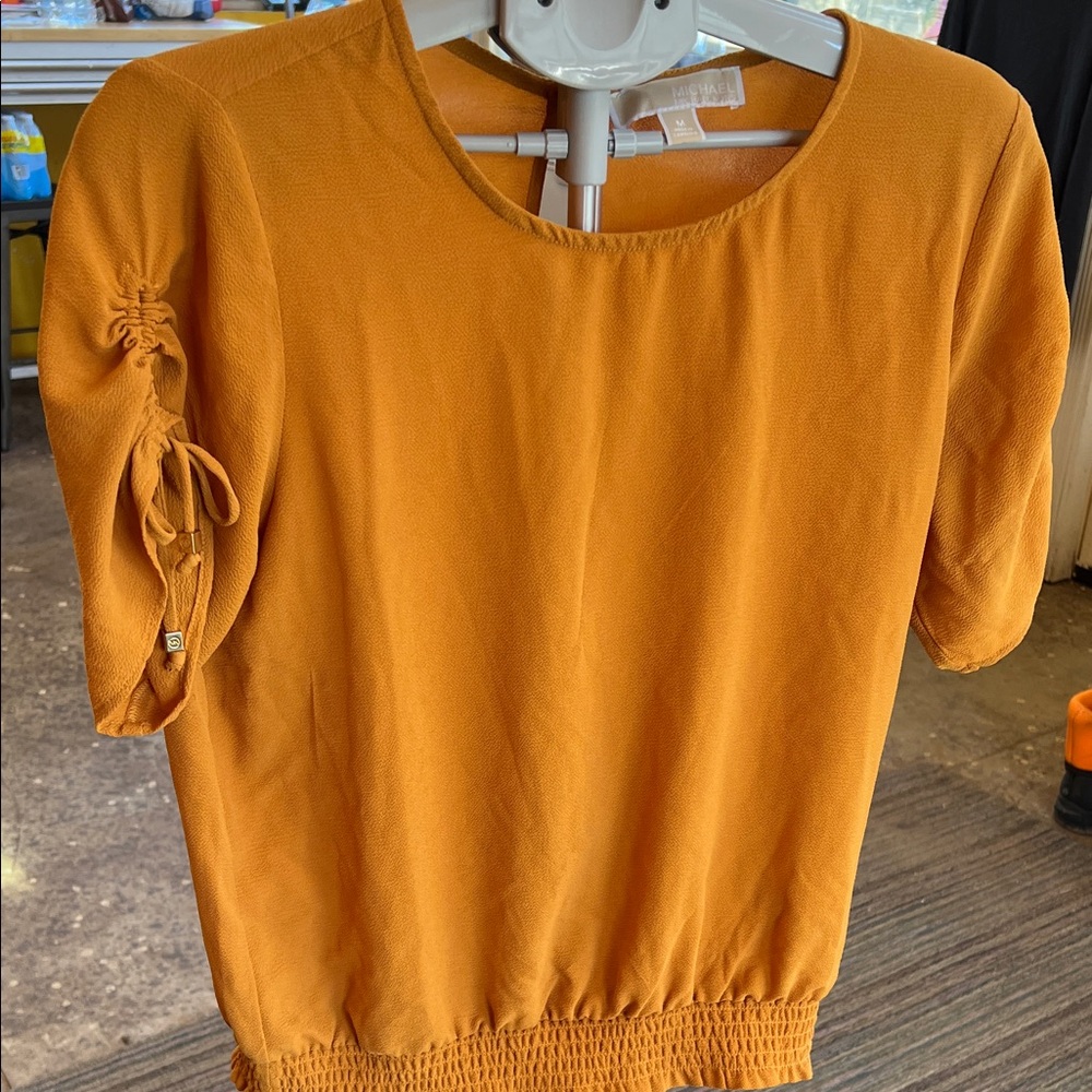 Michael Kors Short Sleeve Smocked-Hem Top - Mustard Gold